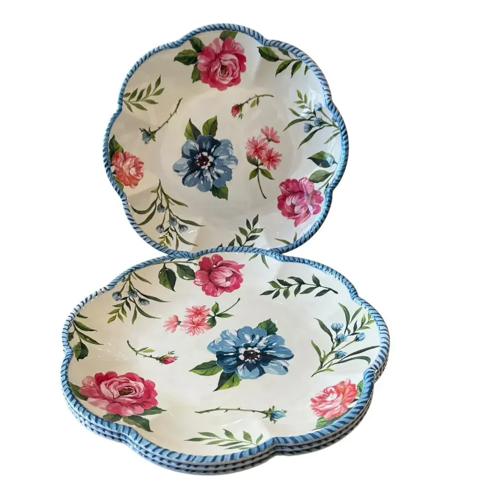 NEW Shabby Chic Floral Melamine Dinner Plates 11in Set of 4 Spring Blue Border